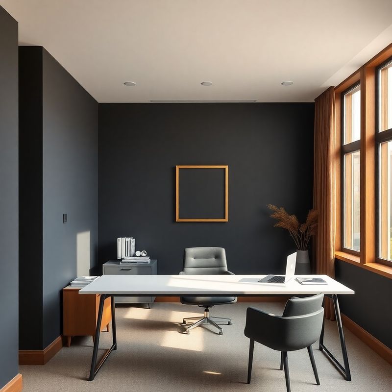 Understated office interior with charcoal walls and a single gold-frame detail
