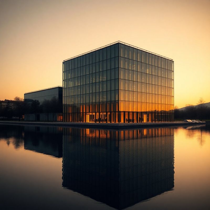 Glass-and-steel facade reflected in still water at dusk
