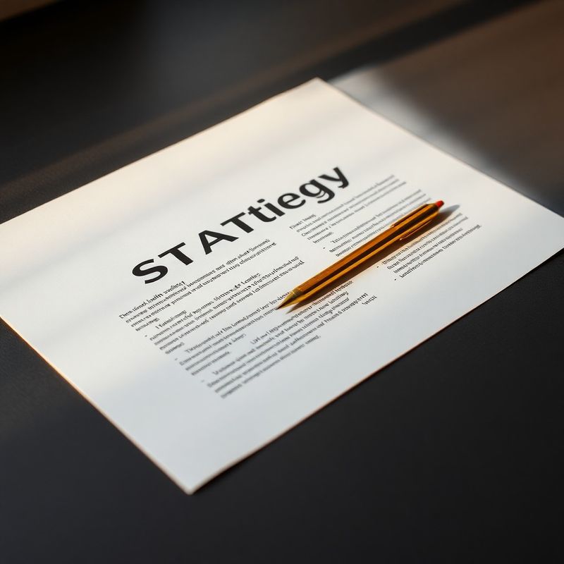 Printed strategy document with a gold mechanical pencil on a charcoal desk