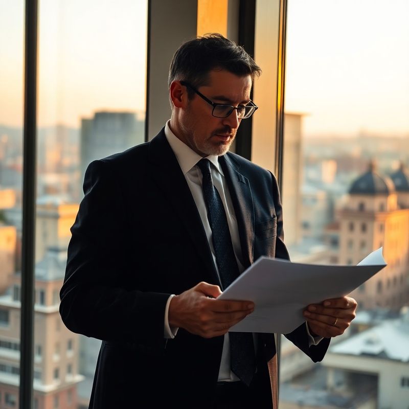 Senior professional reviewing documents at a window overlooking a Romanian cityscape